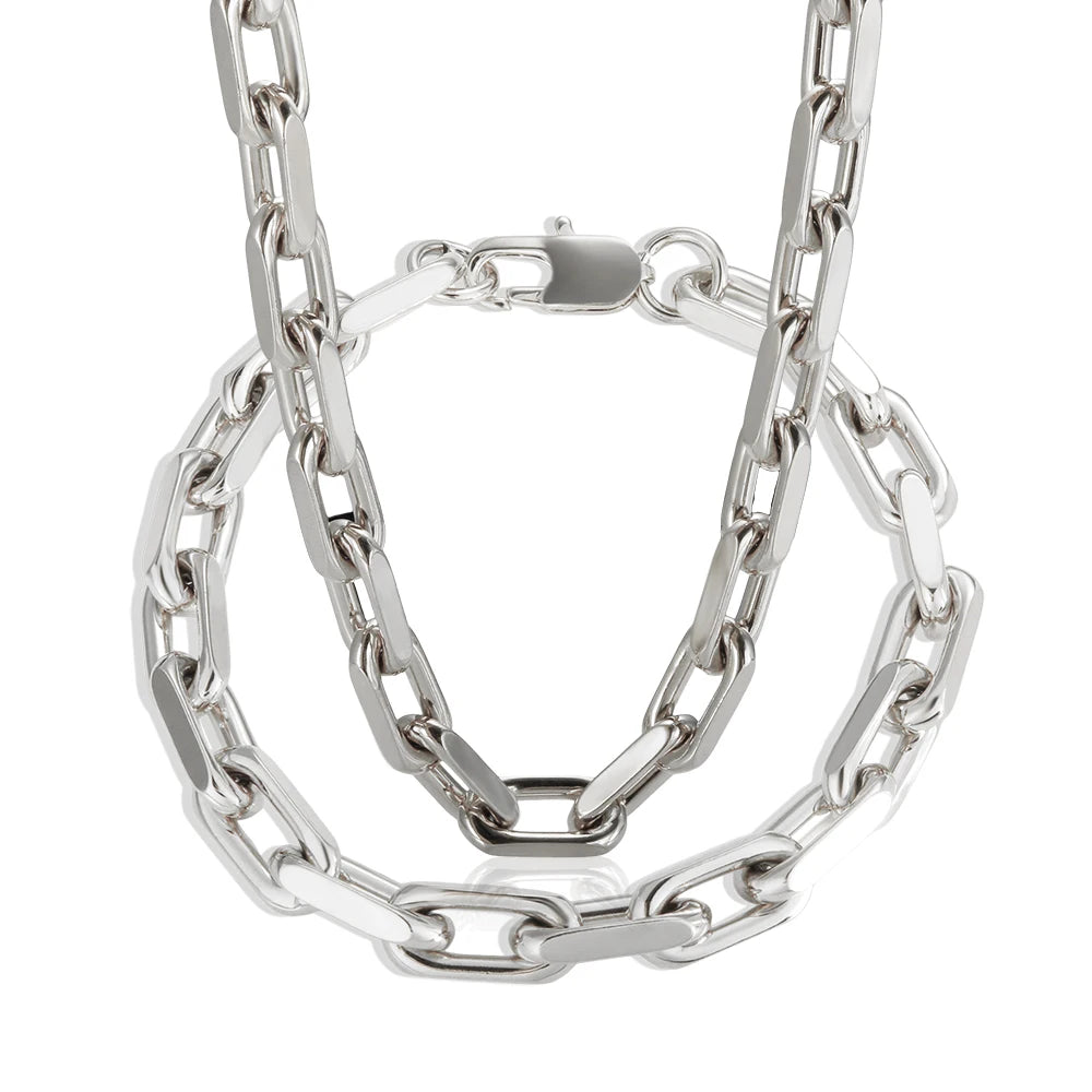 Thick Flat Cuban Link Chain Stainless Steel Necklace Bracelet Jewelry Set Waterproof Gold Color Plated For Pet Girl Women Hiphop