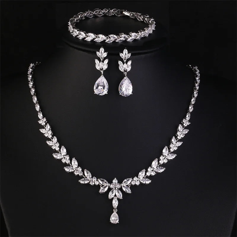 ZAKOL Luxury Brilliant Zirconia Leaf Necklace Earrings Rings Bracelets Set for Women CZ Drop Bridal Wedding Jewelry Sets
