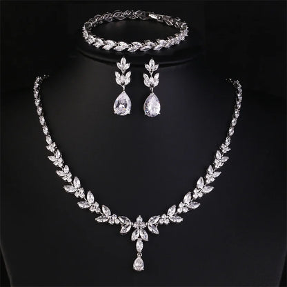 ZAKOL Luxury Brilliant Zirconia Leaf Necklace Earrings Rings Bracelets Set for Women CZ Drop Bridal Wedding Jewelry Sets
