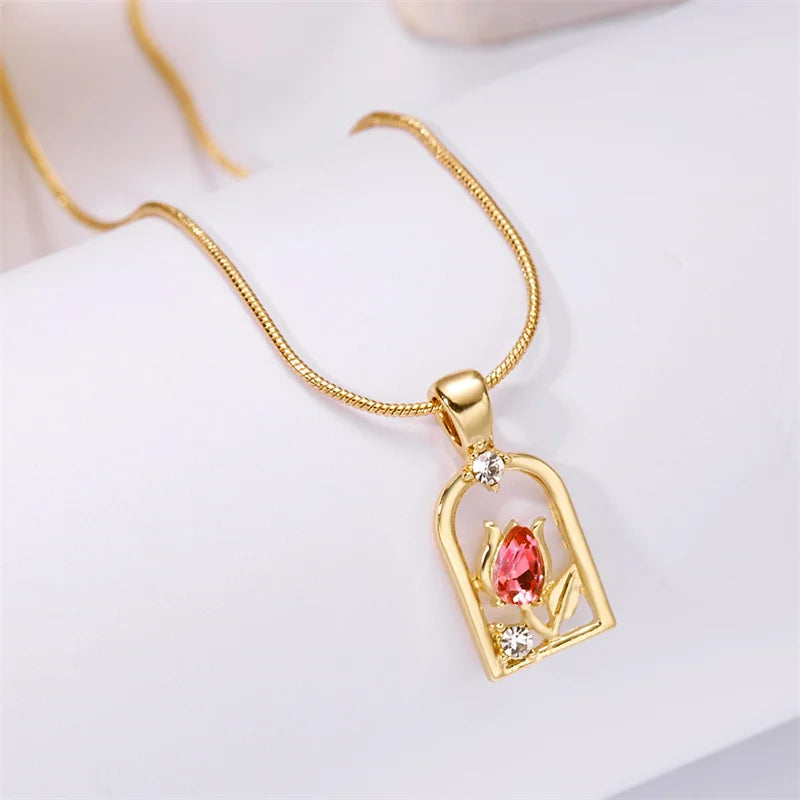 Vintage Elegant Tulip Pendant Necklace For Women Shiny Crystal Zircon Flower Clavicle Chain Choker Party Wedding Jewelry Gifts