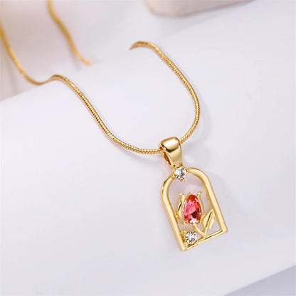 Vintage Elegant Tulip Pendant Necklace For Women Shiny Crystal Zircon Flower Clavicle Chain Choker Party Wedding Jewelry Gifts