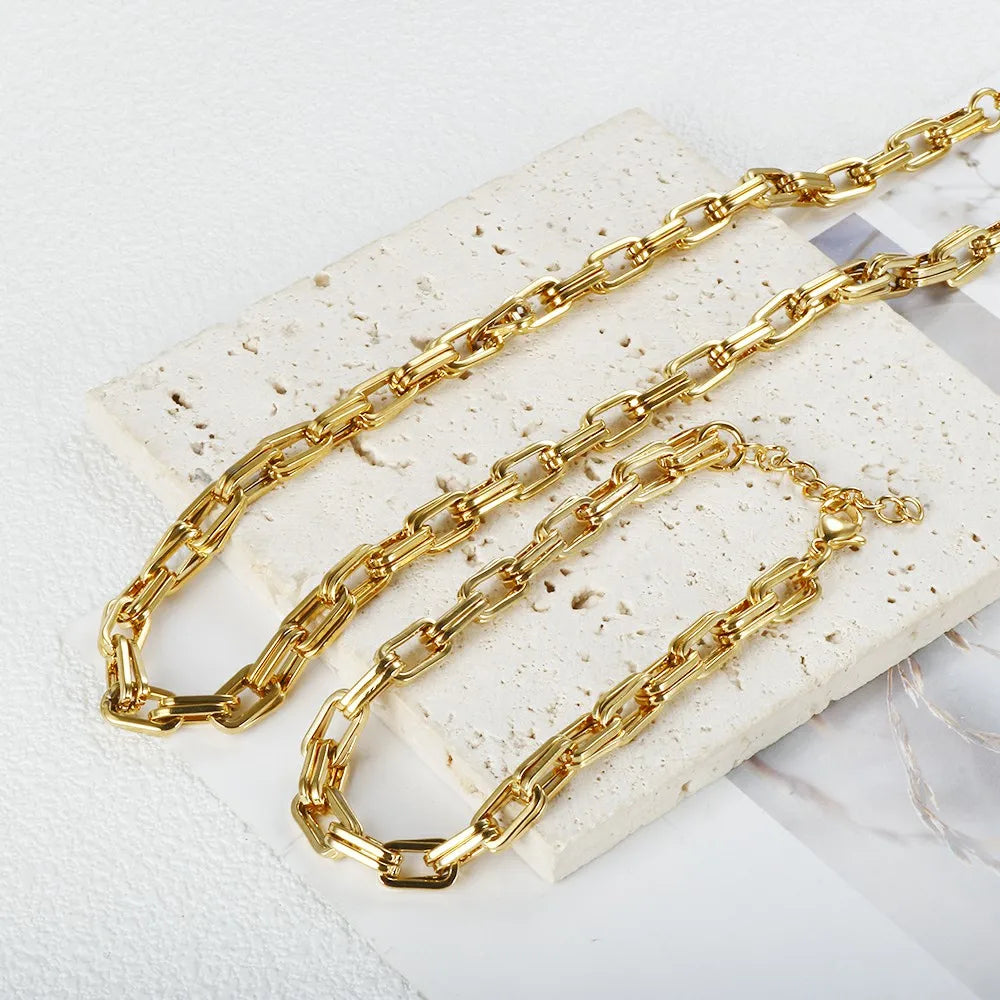 Thick Flat Cuban Link Chain Stainless Steel Necklace Bracelet Jewelry Set Waterproof Gold Color Plated For Pet Girl Women Hiphop