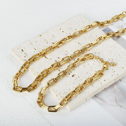 Thick Flat Cuban Link Chain Stainless Steel Necklace Bracelet Jewelry Set Waterproof Gold Color Plated For Pet Girl Women Hiphop