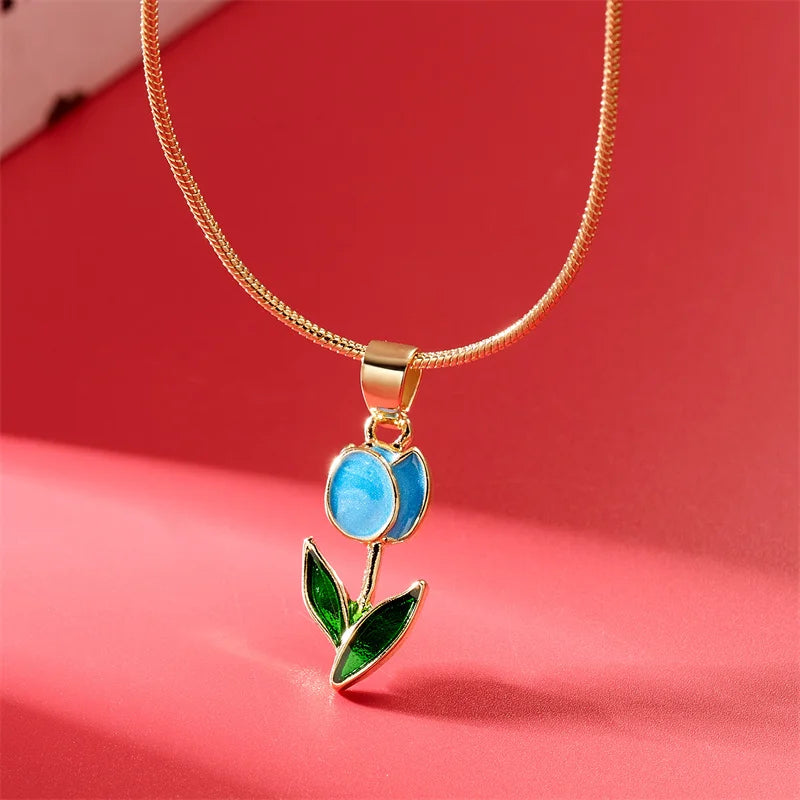 Vintage Elegant Tulip Pendant Necklace For Women Shiny Crystal Zircon Flower Clavicle Chain Choker Party Wedding Jewelry Gifts