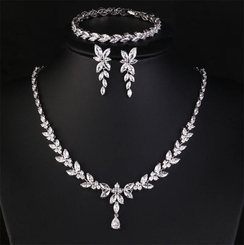 ZAKOL Luxury Brilliant Zirconia Leaf Necklace Earrings Rings Bracelets Set for Women CZ Drop Bridal Wedding Jewelry Sets