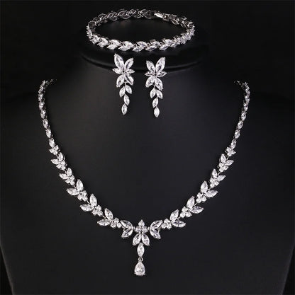 ZAKOL Luxury Brilliant Zirconia Leaf Necklace Earrings Rings Bracelets Set for Women CZ Drop Bridal Wedding Jewelry Sets