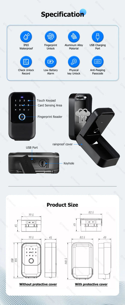 YRHAND TTlock password Smart Fingerprint Digital card Inteligente Tuya Electronic Portable IP66 Lock Boxes For Smart Home