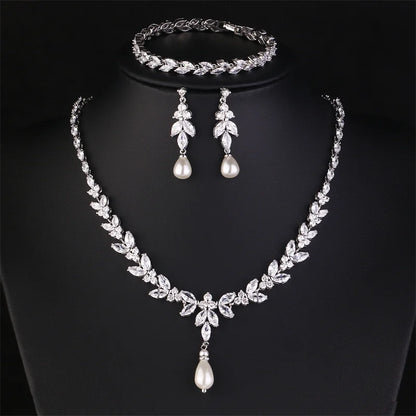 ZAKOL Luxury Brilliant Zirconia Leaf Necklace Earrings Rings Bracelets Set for Women CZ Drop Bridal Wedding Jewelry Sets