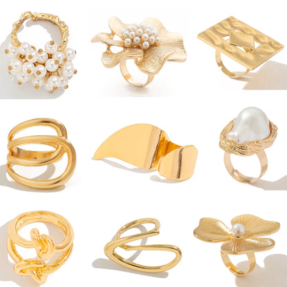 Ingemark 20 Styles Boho Unique Gold Color Petal Flower Rings for Women Punk Geometric Adjustable Rings Couple New Year Jewelry