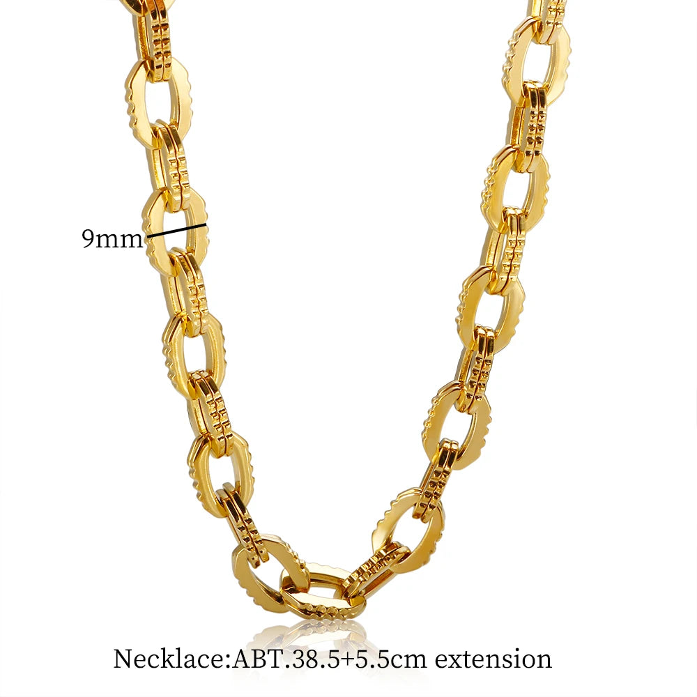 Thick Flat Cuban Link Chain Stainless Steel Necklace Bracelet Jewelry Set Waterproof Gold Color Plated For Pet Girl Women Hiphop