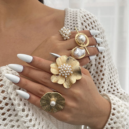 Ingemark 20 Styles Boho Unique Gold Color Petal Flower Rings for Women Punk Geometric Adjustable Rings Couple New Year Jewelry