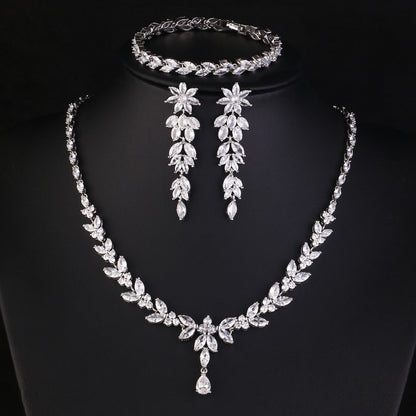 ZAKOL Luxury Brilliant Zirconia Leaf Necklace Earrings Rings Bracelets Set for Women CZ Drop Bridal Wedding Jewelry Sets