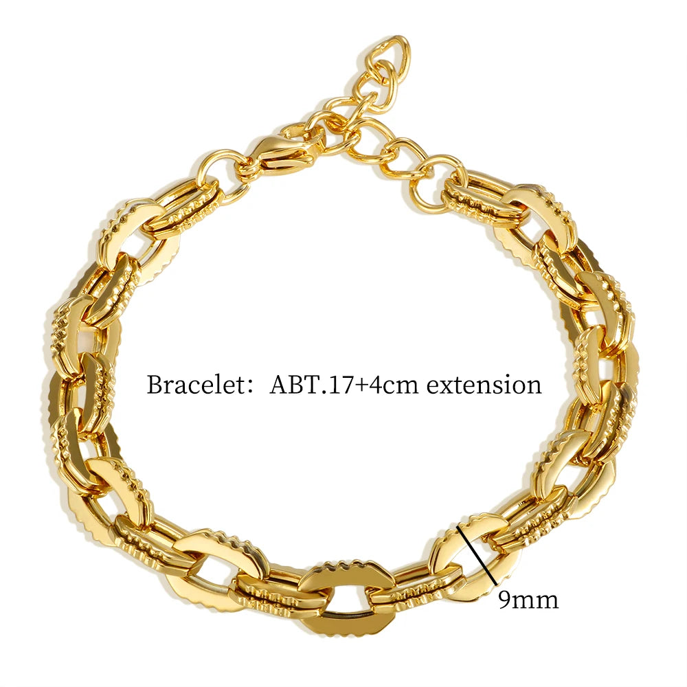 Thick Flat Cuban Link Chain Stainless Steel Necklace Bracelet Jewelry Set Waterproof Gold Color Plated For Pet Girl Women Hiphop