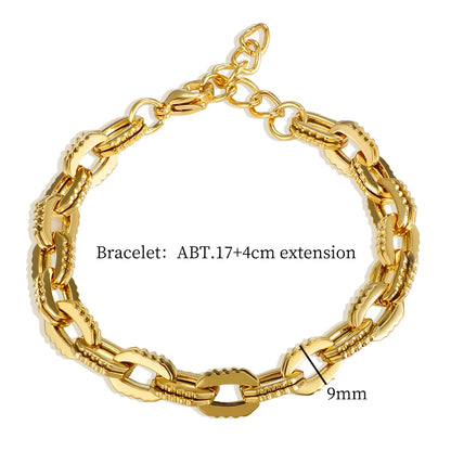 Thick Flat Cuban Link Chain Stainless Steel Necklace Bracelet Jewelry Set Waterproof Gold Color Plated For Pet Girl Women Hiphop