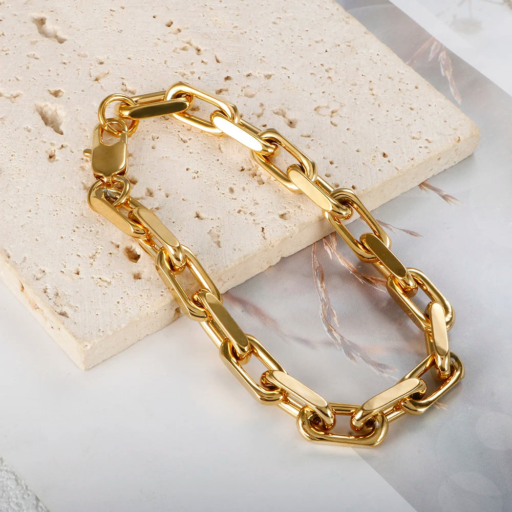 Thick Flat Cuban Link Chain Stainless Steel Necklace Bracelet Jewelry Set Waterproof Gold Color Plated For Pet Girl Women Hiphop