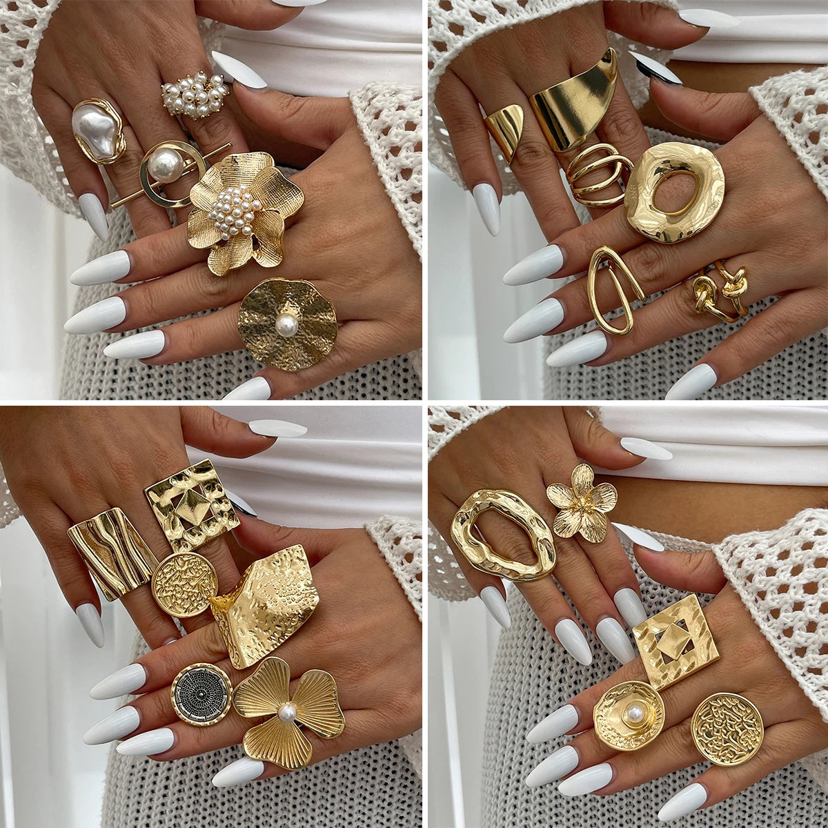 Ingemark 20 Styles Boho Unique Gold Color Petal Flower Rings for Women Punk Geometric Adjustable Rings Couple New Year Jewelry