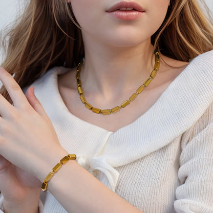 Thick Flat Cuban Link Chain Stainless Steel Necklace Bracelet Jewelry Set Waterproof Gold Color Plated For Pet Girl Women Hiphop