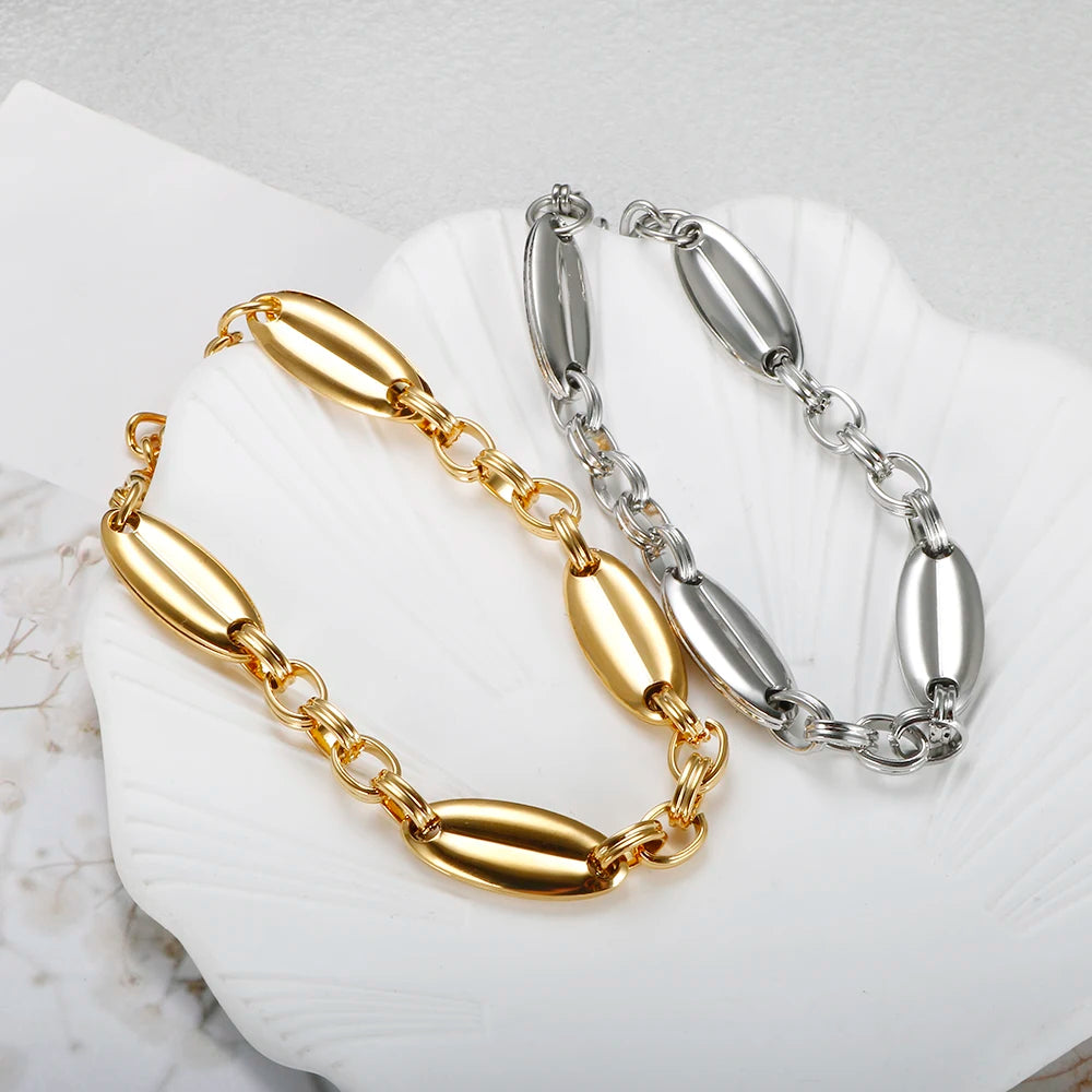 Thick Flat Cuban Link Chain Stainless Steel Necklace Bracelet Jewelry Set Waterproof Gold Color Plated For Pet Girl Women Hiphop