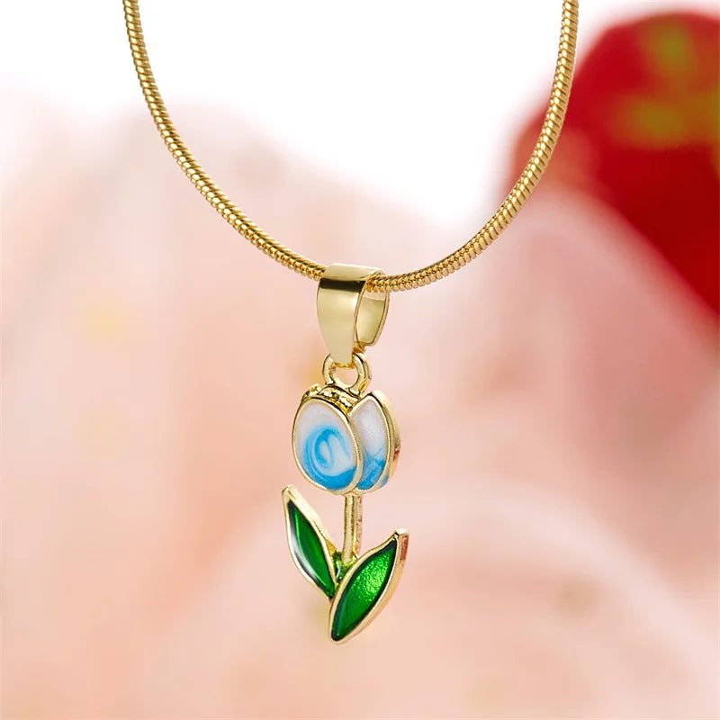 Vintage Elegant Tulip Pendant Necklace For Women Shiny Crystal Zircon Flower Clavicle Chain Choker Party Wedding Jewelry Gifts