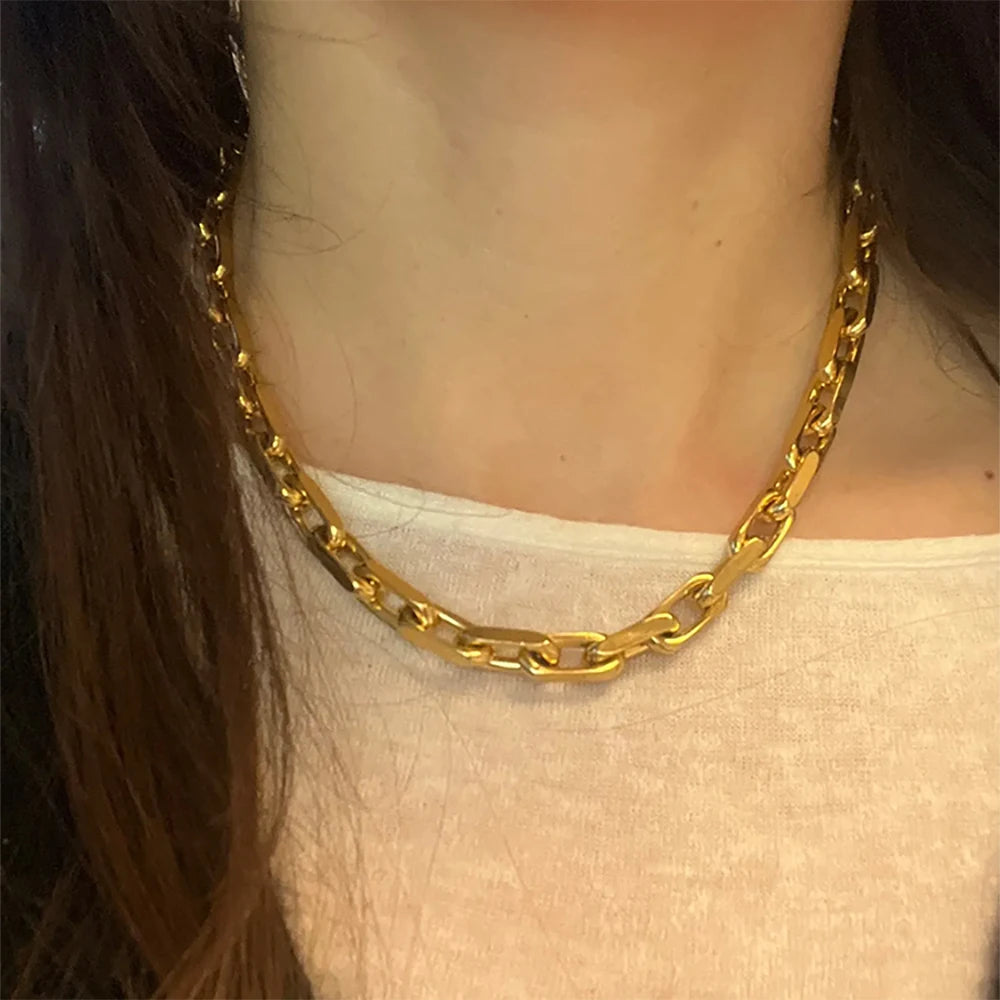 Thick Flat Cuban Link Chain Stainless Steel Necklace Bracelet Jewelry Set Waterproof Gold Color Plated For Pet Girl Women Hiphop