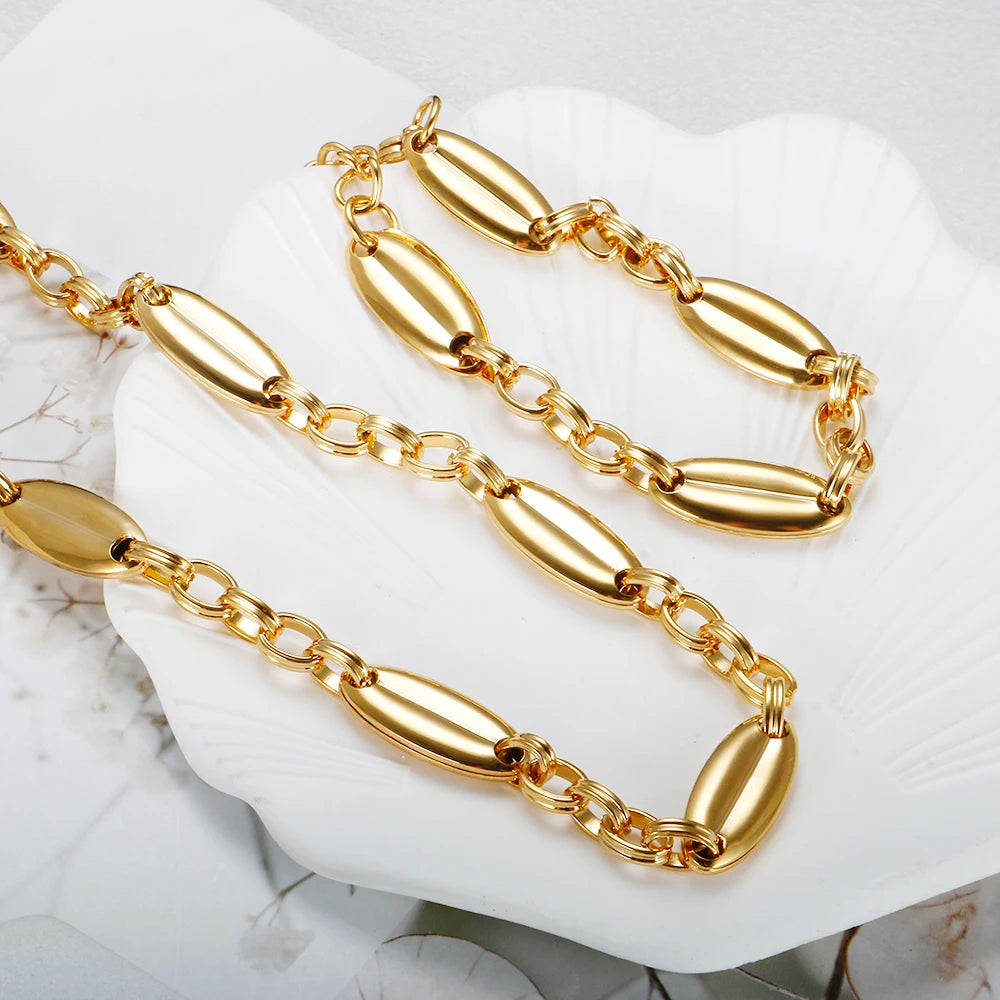 Thick Flat Cuban Link Chain Stainless Steel Necklace Bracelet Jewelry Set Waterproof Gold Color Plated For Pet Girl Women Hiphop