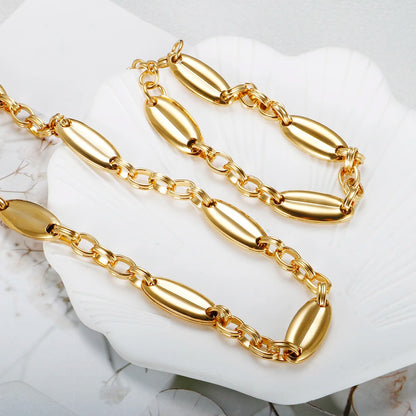 Thick Flat Cuban Link Chain Stainless Steel Necklace Bracelet Jewelry Set Waterproof Gold Color Plated For Pet Girl Women Hiphop