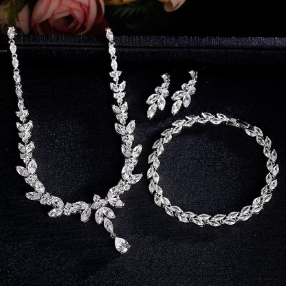 ZAKOL Luxury Brilliant Zirconia Leaf Necklace Earrings Rings Bracelets Set for Women CZ Drop Bridal Wedding Jewelry Sets