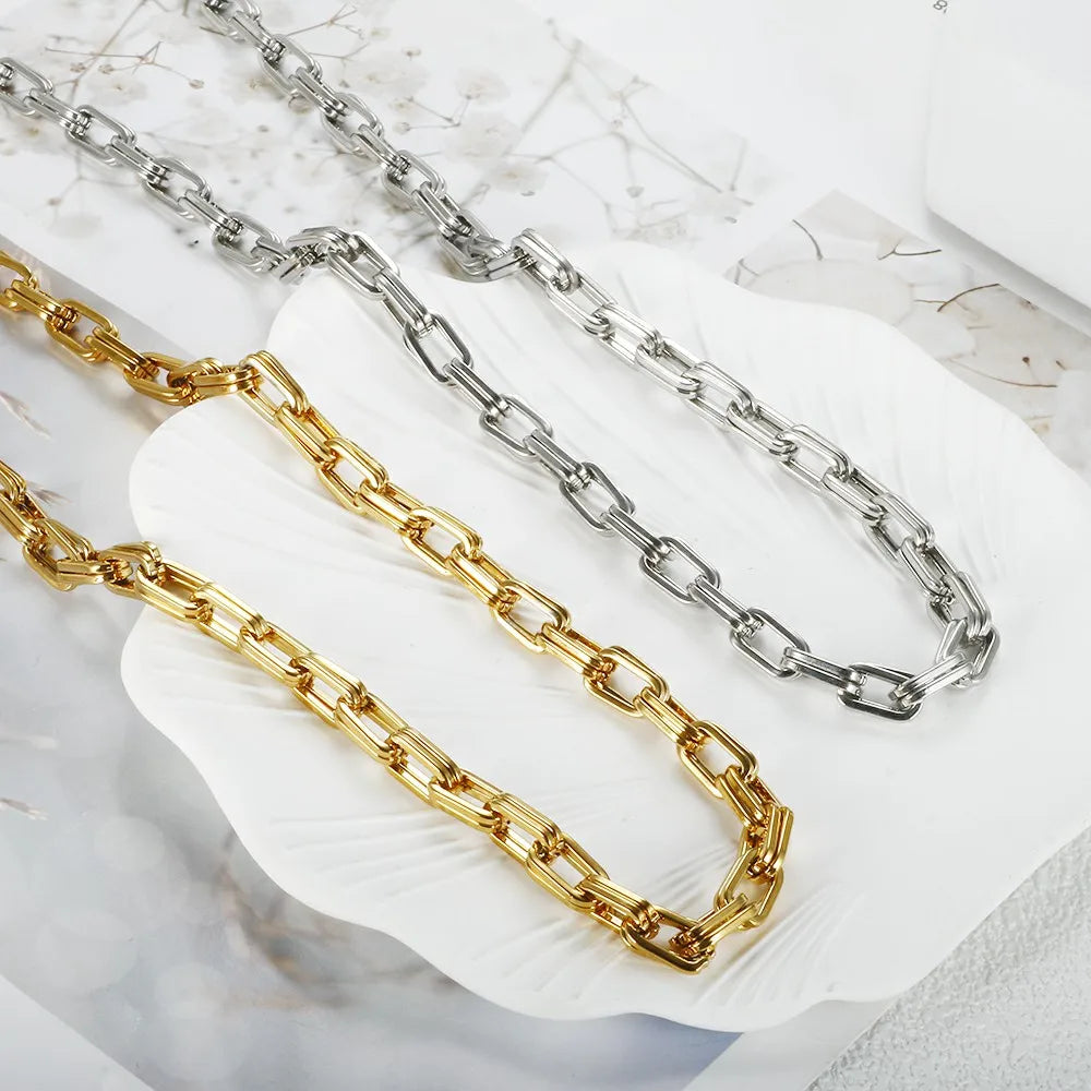 Thick Flat Cuban Link Chain Stainless Steel Necklace Bracelet Jewelry Set Waterproof Gold Color Plated For Pet Girl Women Hiphop