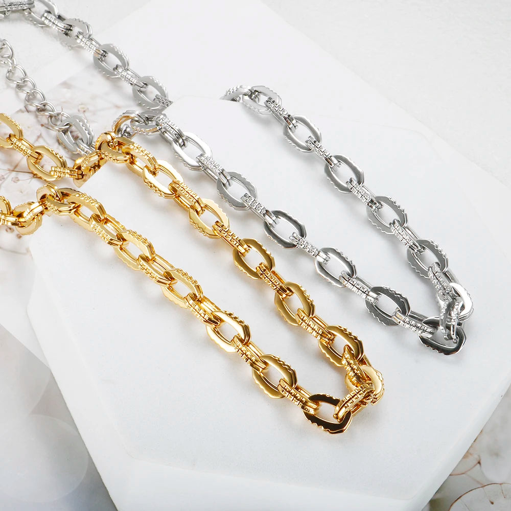 Thick Flat Cuban Link Chain Stainless Steel Necklace Bracelet Jewelry Set Waterproof Gold Color Plated For Pet Girl Women Hiphop
