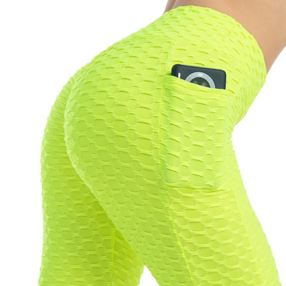 Women Fashion Pocket Bubble Pants Stretchy Slim Leggings Gym Running Cycling Fitness Pants High Waist Hip Lift Leggings Female