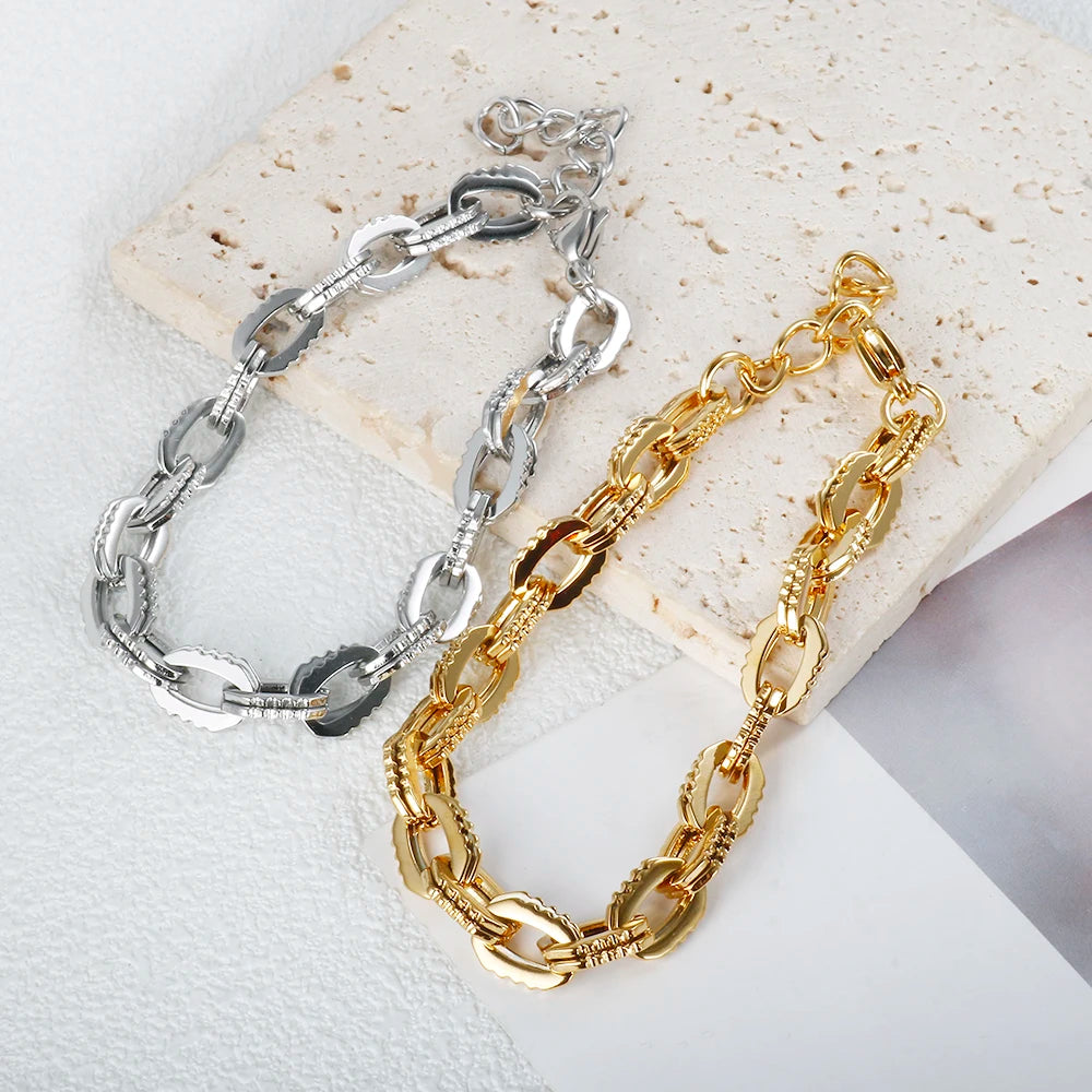 Thick Flat Cuban Link Chain Stainless Steel Necklace Bracelet Jewelry Set Waterproof Gold Color Plated For Pet Girl Women Hiphop
