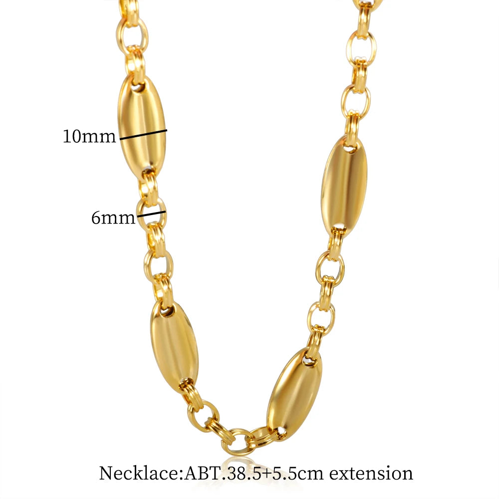 Thick Flat Cuban Link Chain Stainless Steel Necklace Bracelet Jewelry Set Waterproof Gold Color Plated For Pet Girl Women Hiphop