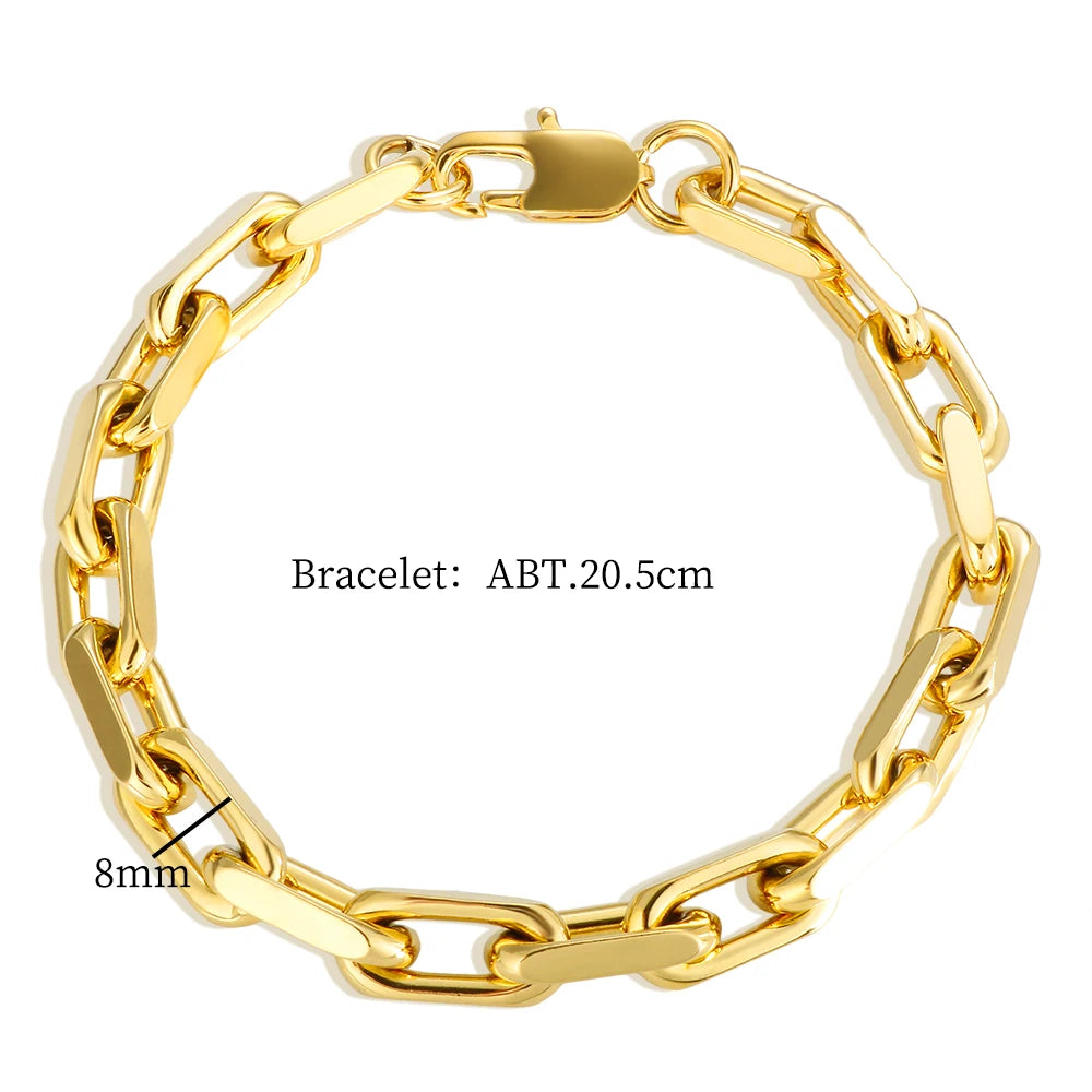 Thick Flat Cuban Link Chain Stainless Steel Necklace Bracelet Jewelry Set Waterproof Gold Color Plated For Pet Girl Women Hiphop
