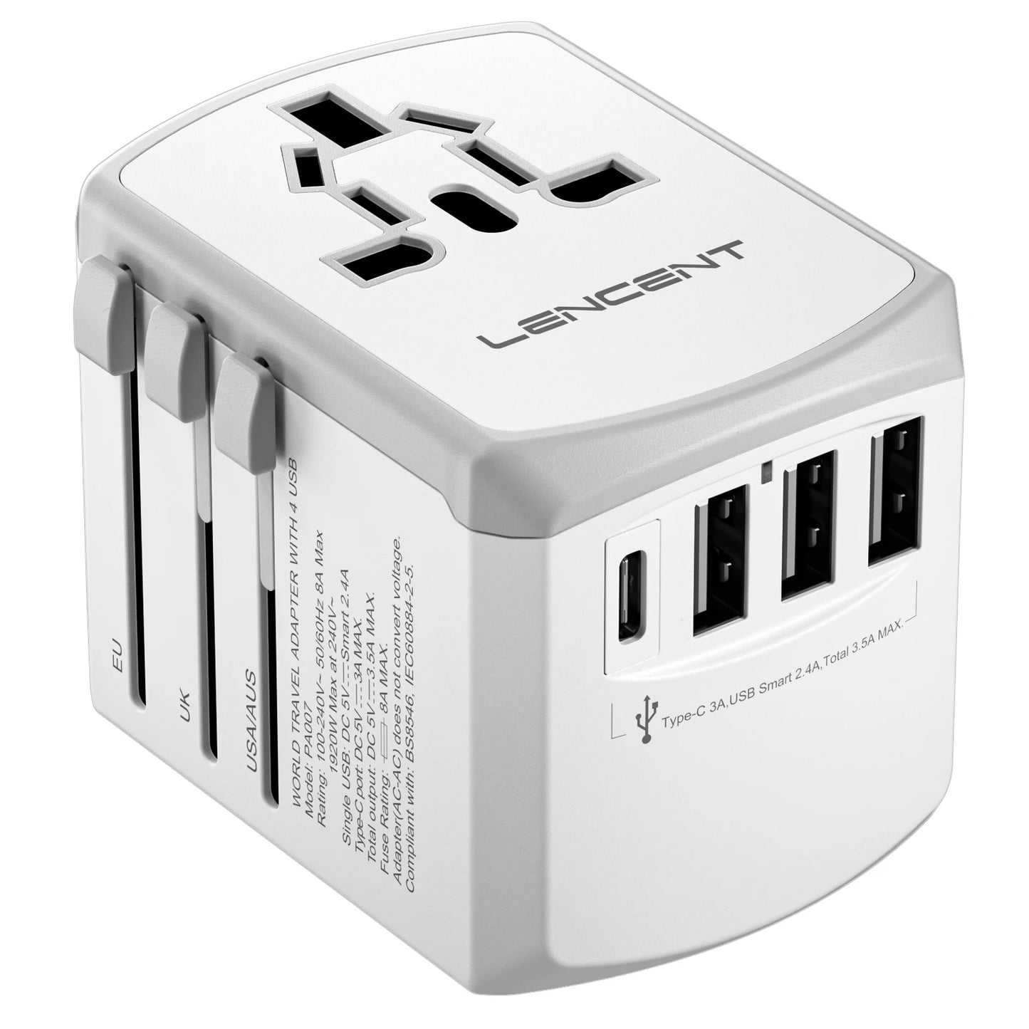 LENCENT International Travel Adapter Travel Charger with 3 USB Port and 1 Type C All-in-one Wall Charger for US EU UK AUS Travel