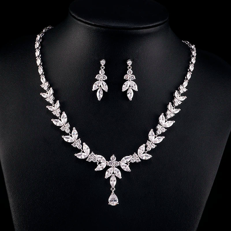 ZAKOL Luxury Brilliant Zirconia Leaf Necklace Earrings Rings Bracelets Set for Women CZ Drop Bridal Wedding Jewelry Sets