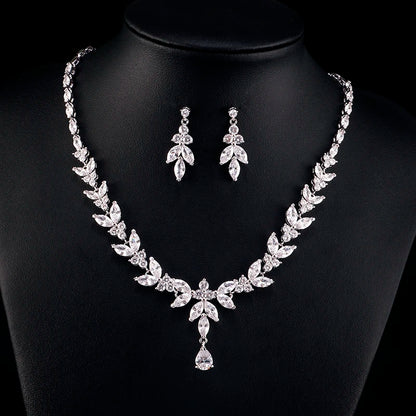 ZAKOL Luxury Brilliant Zirconia Leaf Necklace Earrings Rings Bracelets Set for Women CZ Drop Bridal Wedding Jewelry Sets