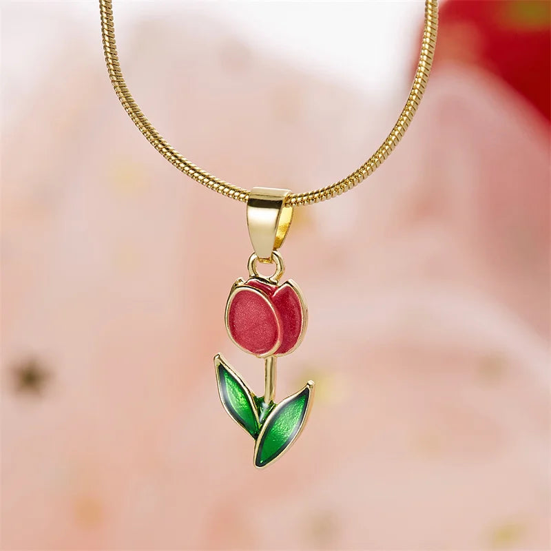 Vintage Elegant Tulip Pendant Necklace For Women Shiny Crystal Zircon Flower Clavicle Chain Choker Party Wedding Jewelry Gifts