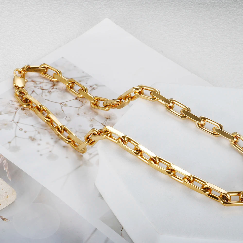 Thick Flat Cuban Link Chain Stainless Steel Necklace Bracelet Jewelry Set Waterproof Gold Color Plated For Pet Girl Women Hiphop