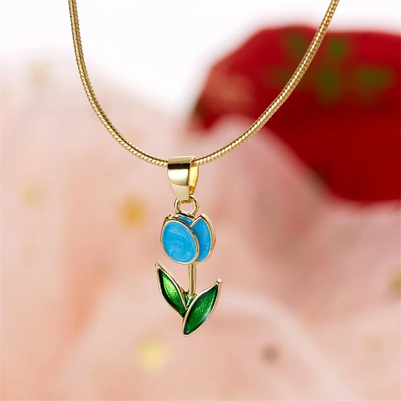 Vintage Elegant Tulip Pendant Necklace For Women Shiny Crystal Zircon Flower Clavicle Chain Choker Party Wedding Jewelry Gifts
