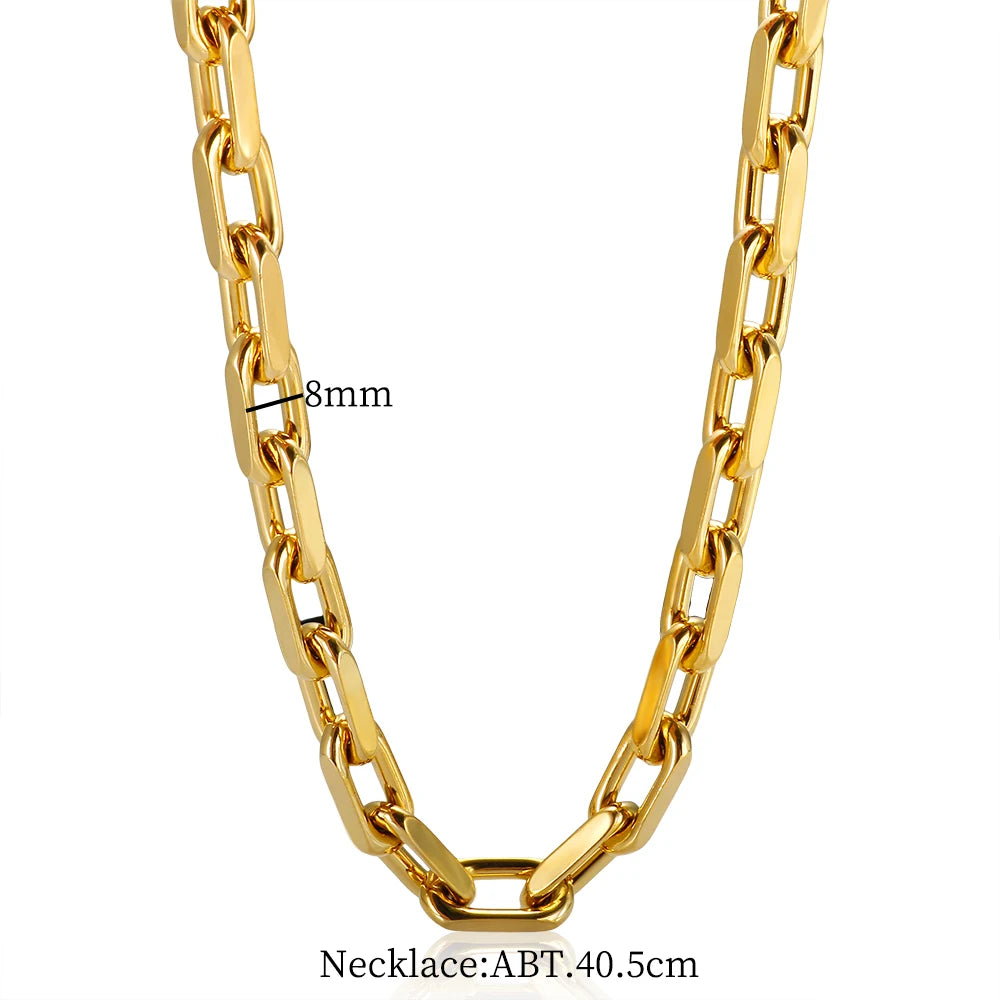 Thick Flat Cuban Link Chain Stainless Steel Necklace Bracelet Jewelry Set Waterproof Gold Color Plated For Pet Girl Women Hiphop