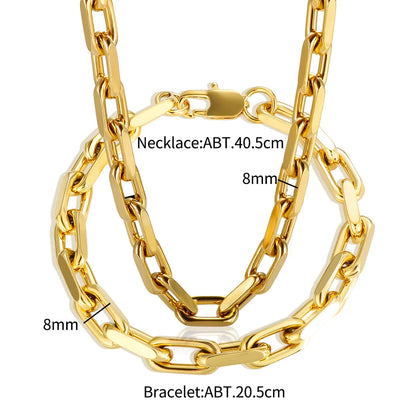 Thick Flat Cuban Link Chain Stainless Steel Necklace Bracelet Jewelry Set Waterproof Gold Color Plated For Pet Girl Women Hiphop