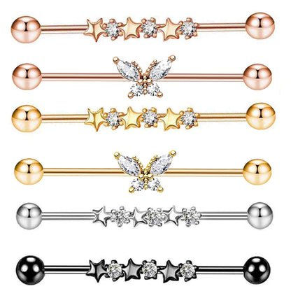1PCS Stainless Steel Butterfly Industrial Piercing Barbell 14G Star Industrial Earring Tragus Cartilage Jewelry Industrial Rings