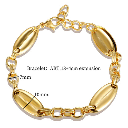 Thick Flat Cuban Link Chain Stainless Steel Necklace Bracelet Jewelry Set Waterproof Gold Color Plated For Pet Girl Women Hiphop