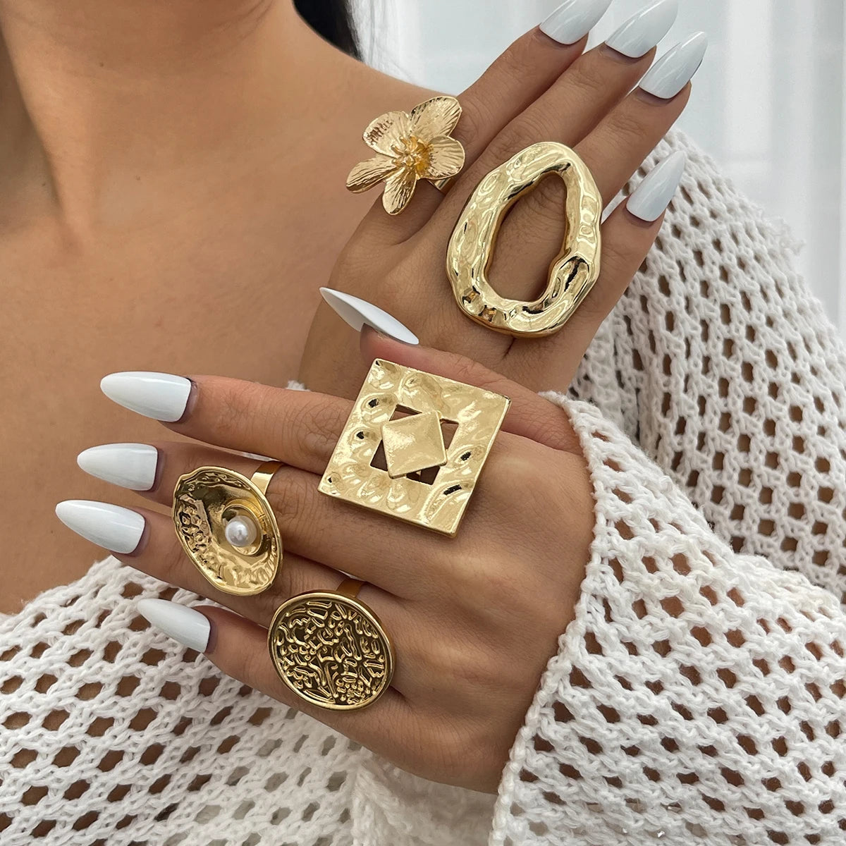 Ingemark 20 Styles Boho Unique Gold Color Petal Flower Rings for Women Punk Geometric Adjustable Rings Couple New Year Jewelry