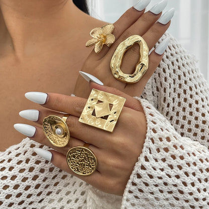 Ingemark 20 Styles Boho Unique Gold Color Petal Flower Rings for Women Punk Geometric Adjustable Rings Couple New Year Jewelry