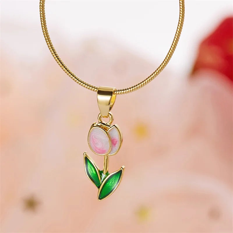 Vintage Elegant Tulip Pendant Necklace For Women Shiny Crystal Zircon Flower Clavicle Chain Choker Party Wedding Jewelry Gifts